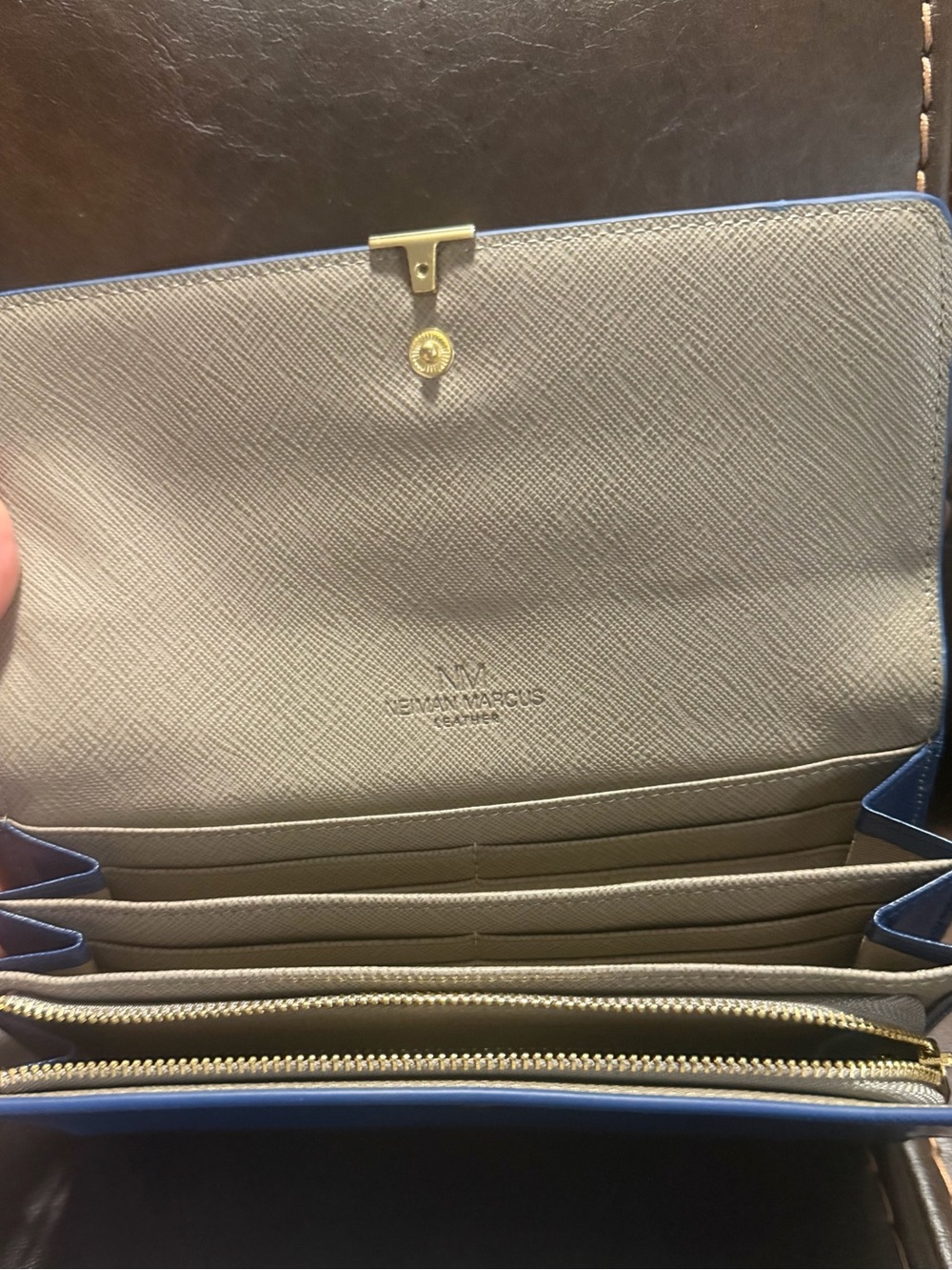 Neiman Marcus Blue Exterior Beige Interior Wallet with Gold Hardware